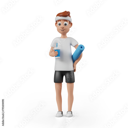 Man in sportswear with headband is standing holding rolled mat and drink