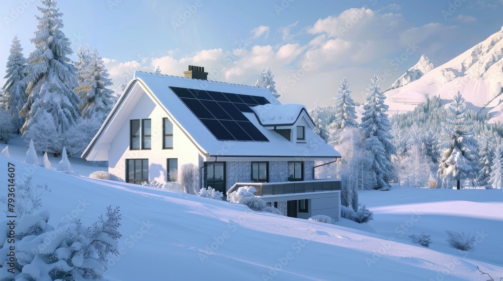 A house with solar panels in a snowy landscape, illustrating year-round energy generation. A house with solar panels in a snowy landscape, illustrating year-round energy generation.