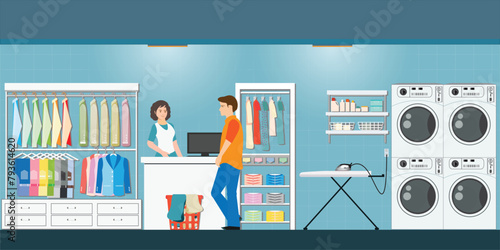 Interior of dry cleaning store laundry room.
