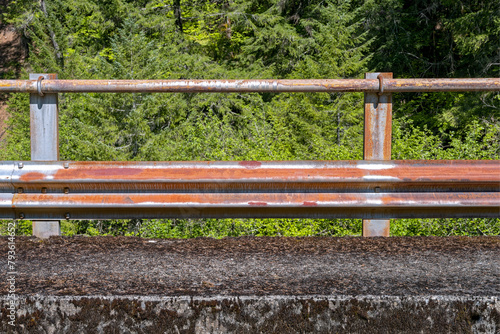 Guardrails on a bridge crossing the North Fork Willamette River in the Willamette National Forest north of Oakridge, Oregon, USA