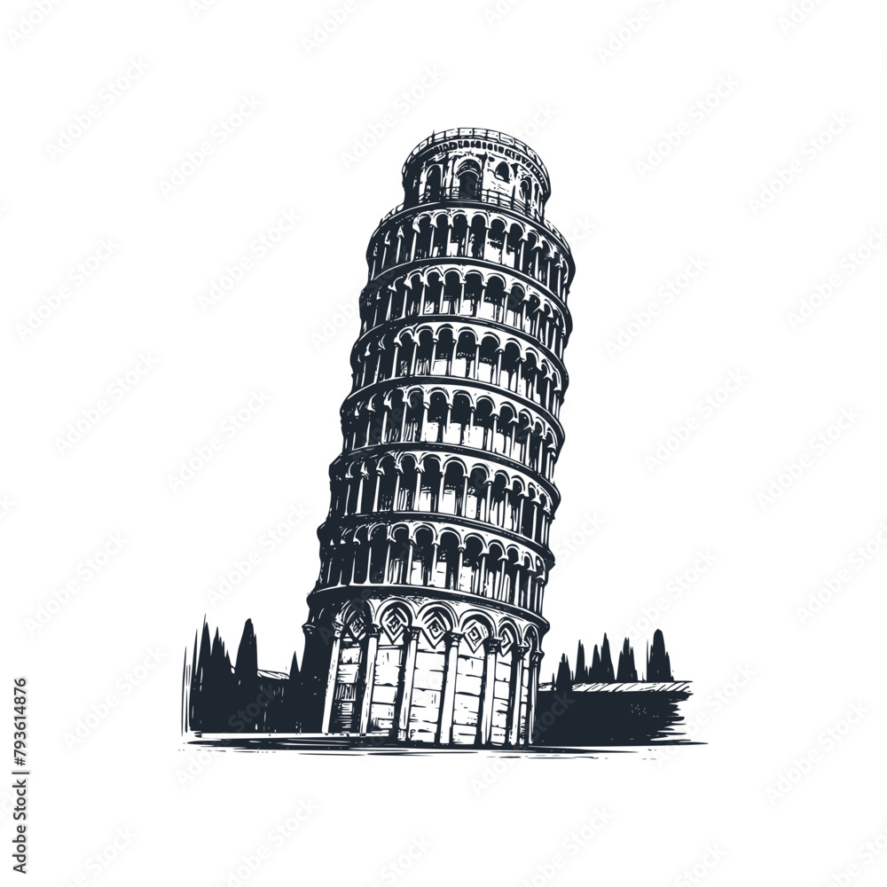 The tower of pisa. Black white vector illustration.