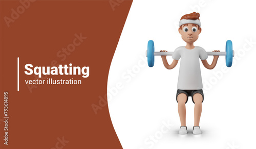 Barbell squats. Vector realistic character doing sports exercises with load