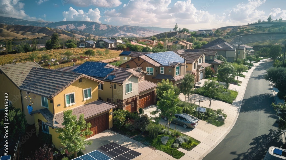Fototapeta premium A panoramic shot of a neighborhood with several houses featuring solar panels. 