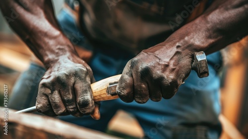 A close-up shot of a worker's hands using tools like a hammer or screwdriver. 