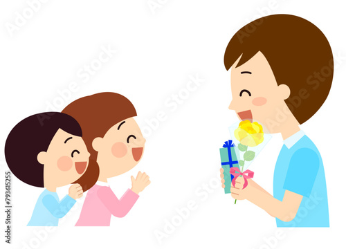 お父さんへ父の日の贈り物を渡す子供達