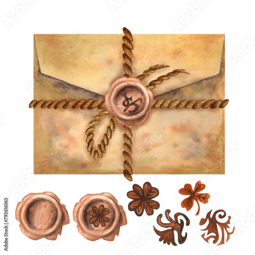 Old vintage mail envelope of beige parchment paper tied with a brown rope and a bow in an antique style. Watercolor illustration for design template for Book Day, history, antique shop, calligrapher © el_suhova