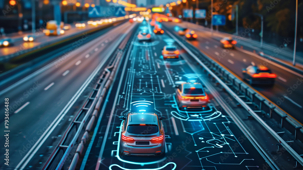 Autos fahren auf einer Straße, mithilfe der Vehicle-to-Everything-Technologie