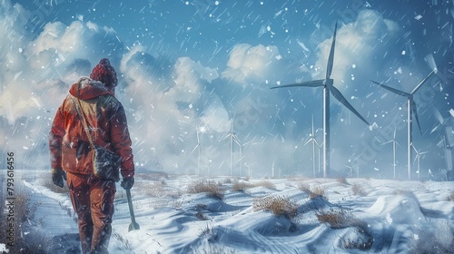 A rugged construction worker in a cold, snowy solar field, confidently striding through the snow with a tool in hand, looking towards the wind turbines at the horizon.