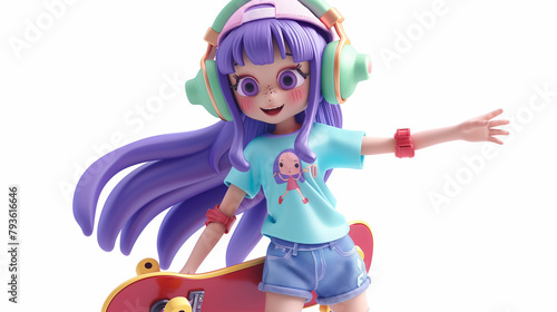 Holds a red skateboard, Green headphones holds a red skateboard in one hand. 3d render isolated, Cute cartoon kawaii funny colorful purple-haired k-pop girl wears fashion clothes blue t-shirt, shorts