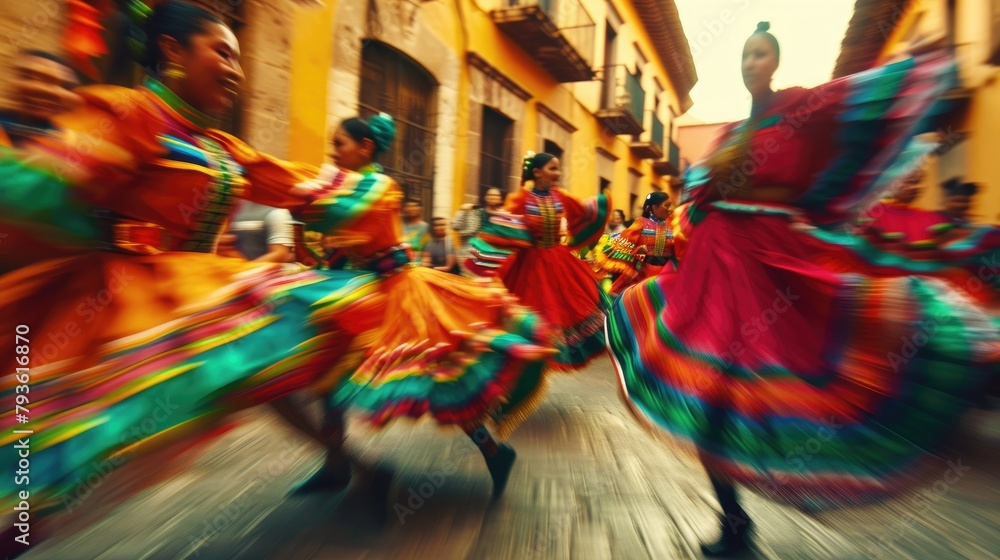 A dynamic shot of dancers performing traditional Mexican folk dances for Cinco de Mayo. A dynamic shot of dancers performing traditional Mexican folk dances for Cinco de Mayo.
