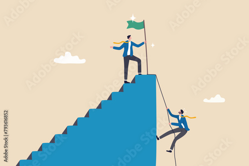 Efficient way to win business competition, productive or effectiveness work, smart easy way to reach goal, better clever solution concept, businessman winner walk up stair to win business competition.