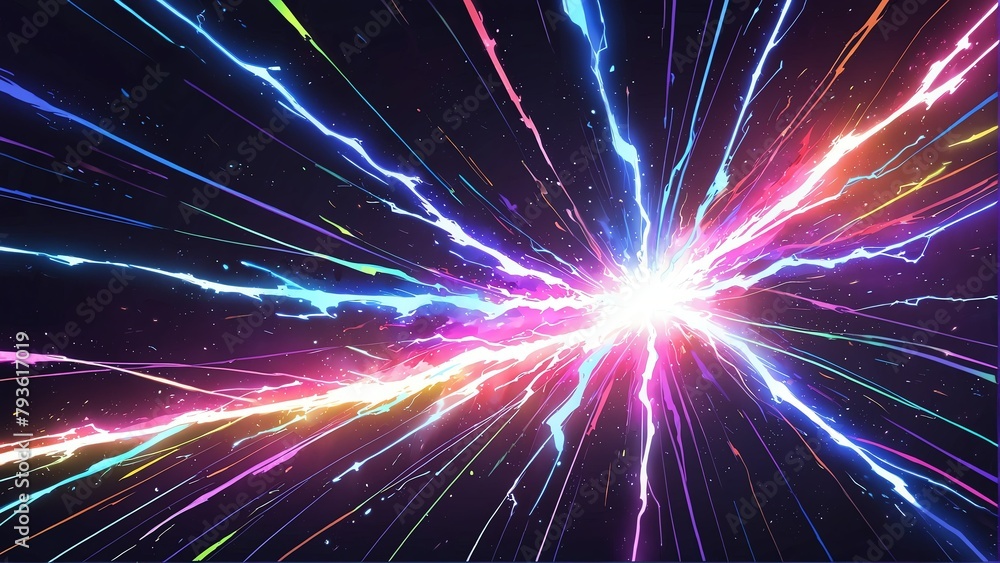 Naklejka premium abstract rainbow lightning sparks effects anime cartoon style background from Generative AI