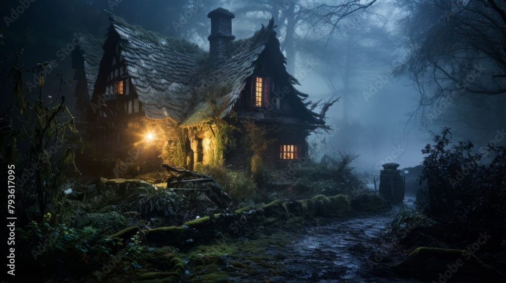 Mysterious witch's cottage with eerie lighting and swirling mist