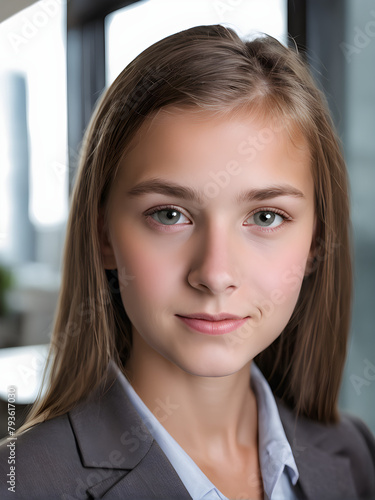 A young female businesswoman wearing a suit, a female corporate executive, half body photo in the office background, one inch photo photo