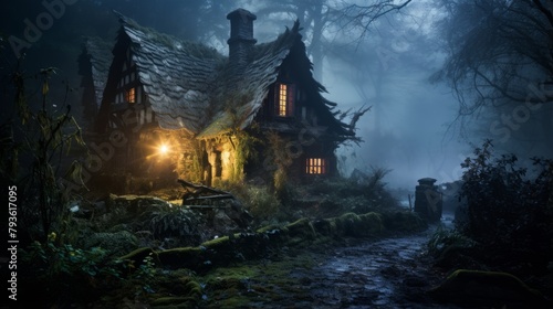 Mysterious witch's cottage with eerie lighting and swirling mist photo