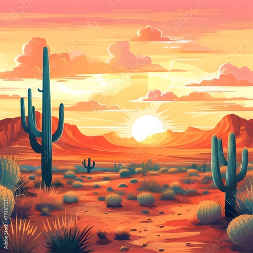 Cactus Desert Sunset: A serene desert landscape with cacti and a vibrant sunset