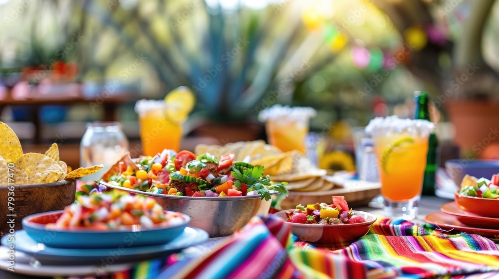 An outdoor scene of a Cinco de Mayo party with traditional Mexican food and drinks on a table. An outdoor scene of a Cinco de Mayo party with traditional Mexican food and drinks on a table.