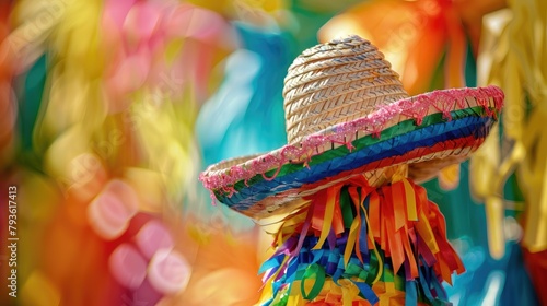 A close-up of a piÃ±ata shaped like a sombrero against a vibrant Cinco de Mayo backdrop.  photo