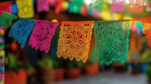 A festive Cinco de Mayo banner with colorful papel picado decorations in the background.  © sambath