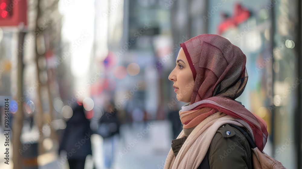 A side view of a Muslim woman walking confidently in a city street. A side view of a Muslim woman walking confidently in a city street.