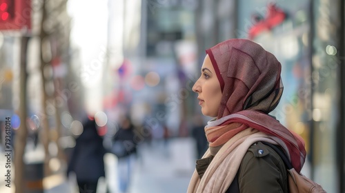 A side view of a Muslim woman walking confidently in a city street.  © sambath