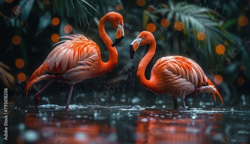 2 elegant flamingos standing in the water forming a love heart, reflection, beautiful nature, background, 4K wallpaper, geography, love, Valentine's Day.