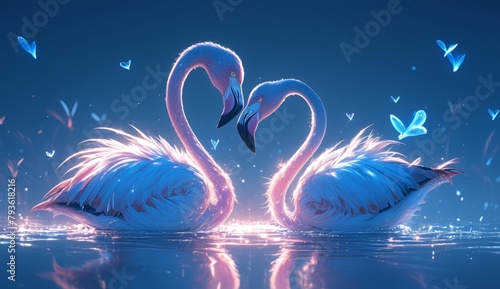 2 elegant flamingos standing in the water forming a love heart, reflection, beautiful nature, background, 4K wallpaper, geography, love, Valentine's Day.