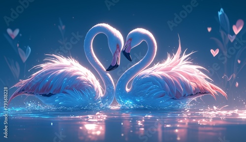 2 elegant flamingos standing in the water forming a love heart, reflection, beautiful nature, background, 4K wallpaper, geography, love, Valentine's Day.