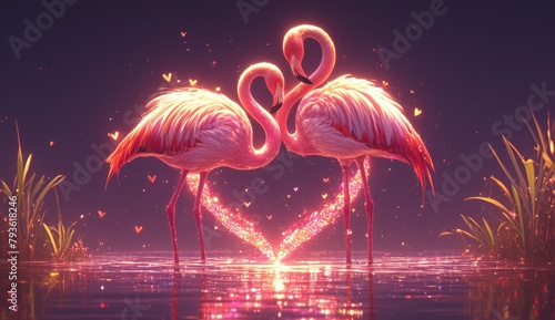 2 elegant flamingos standing in the water forming a love heart, reflection, beautiful nature, background, 4K wallpaper, geography, love, Valentine's Day.