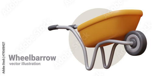 Realistic yellow wheelbarrow. Hand held device for cargo transportation