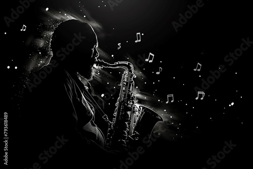 Man playing a saxophone with notes flying out of it on the theme of World Music Day