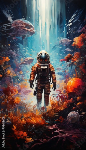 An astronaut walking on an alien planet with a beautiful landscape of blue water and orange plants.