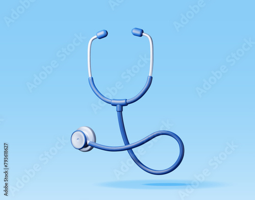 3D medical stethoscope isolated on blue. Render stethoscope doctor instrument icon. Medicine and healthcare, cardiology, pharmacy, drugstore, medical education. Vector illustration