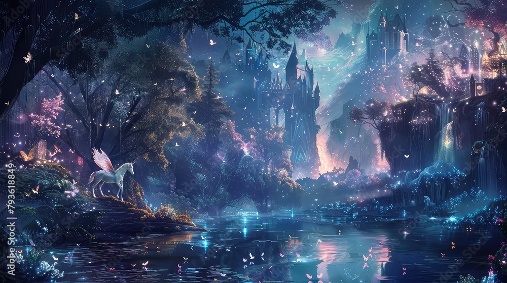 A fantasy-themed wallpaper with fairies, unicorns, and magical elements representing friendship magic. 