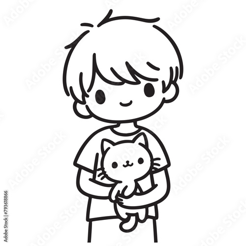 Line drawing in black and white featuring a young boy smiling gently while holding a content looking little cat.