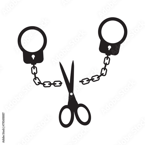 Scissors cutted handcuffs icon, isolated on white background. Monochrome style design. Freedom from imprisonment, slavery and violence. Simple symbol handcuffs