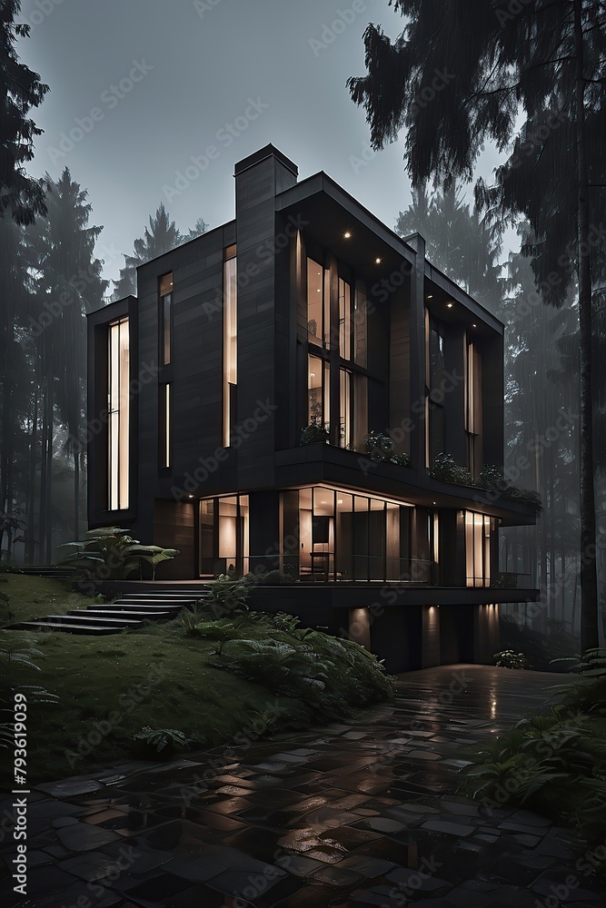 Dark modern mansion in rainy forest