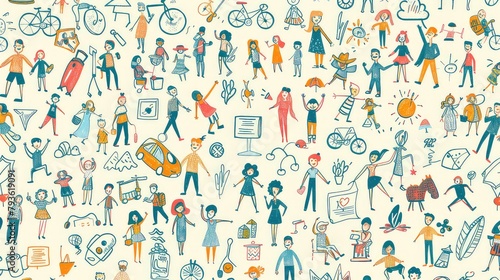 A pattern of hand-drawn doodles depicting friends doing various activities together. 