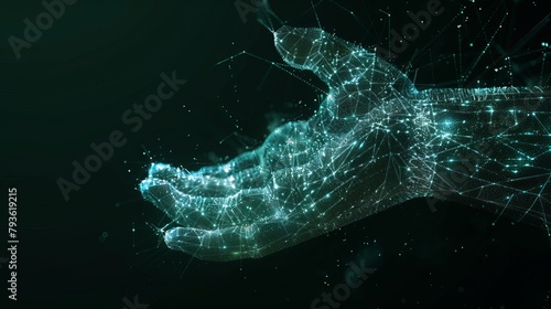 Digital Hand Hologram on Dark Background: Neural Network Connection and AI Communication - Generative Art