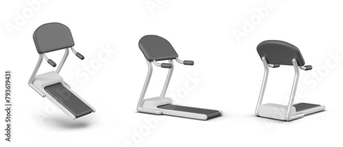 Realistic treadmill in different positions. Modern sports equipment with nobody