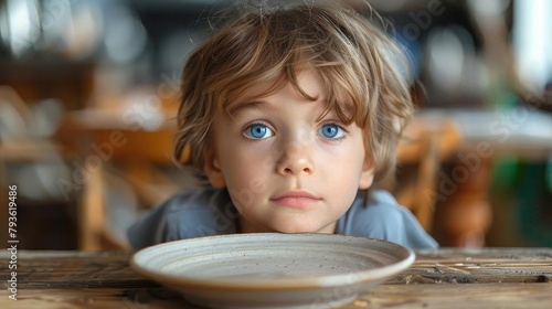A boy with blond hair and blue eyes is sitting at a table with an empty plate in front of him. photo