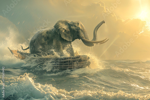 Elephant sail on a raft across an ocean. Surreal vintrage artwork. photo