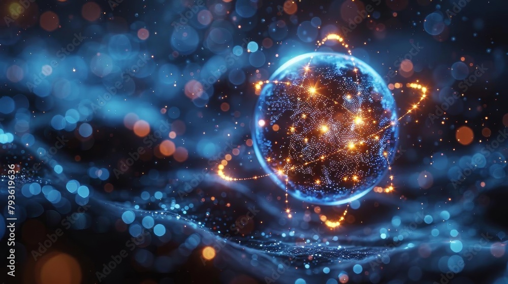 An of an atom with a glowing blue nucleus and orange electrons orbiting it. The background is a dark blue with bright orange and yellow lights. An of an atom with a glowing blue nucleus and orange electrons orbiting it. The background is a dark blue with bright orange and yellow lights.