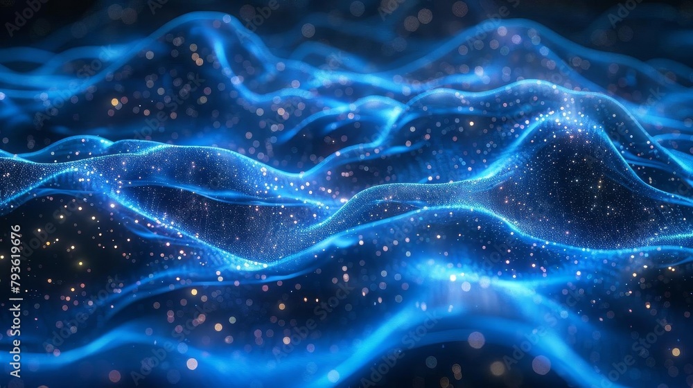 Blue and white glowing and waving surface with many bright dots Blue and white glowing and waving surface with many bright dots