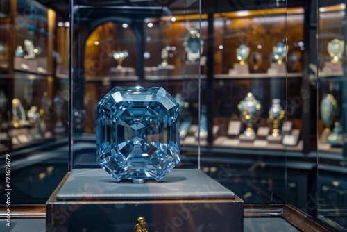 A historical exhibit in a museum showcasing a famous blue diamond along with its storied past, including its origins and the journey through various royal collections