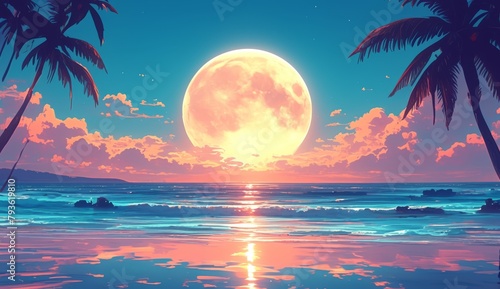 Stunning full moon sets over the tranquil Indian Ocean, 4k wallpaper, casting an ethereal glow over the palm trees and reflecting in the crystal clear waters of Kandy Beach. Moonlit Serenity photo