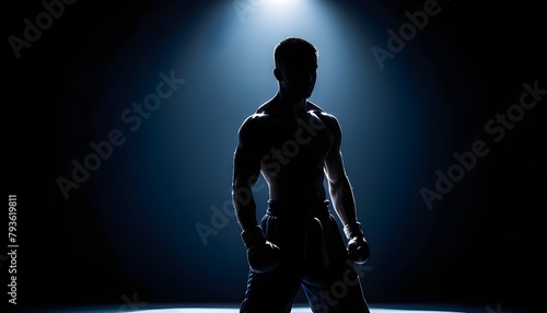 Silhouette photography of a fighter with a black background and a dark blue and gray style