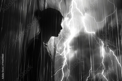 A shadowy figure standing behind a sheer curtain in a stormy night, with lightning briefly revealing a glimpse of a distorted face, creating a sudden shock and lingering terror photo