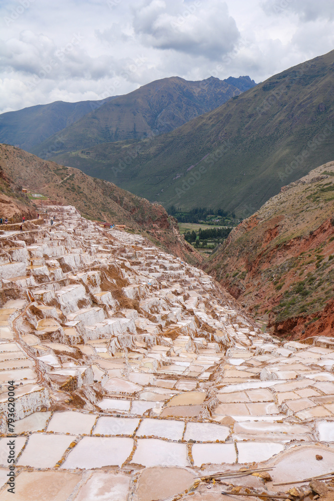 Salt evaporation ponds in Maras salt mines in Cusco city the Sacred Valley, Peru