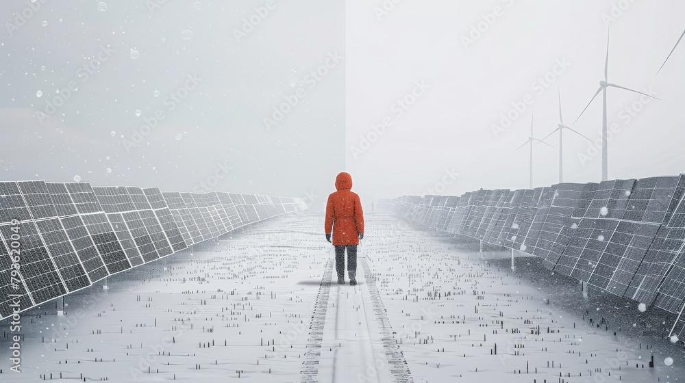A solitary construction worker in a crisp, snowy landscape, walking alone through a silent field of solar panels under a grey sky, with just the outlines of wind turbines visible at the edge. - obrazy, fototapety, plakaty 